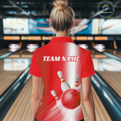 Back view female model in a bowling lane wearing a quarter zip shirt with bowling ball and pins flowing through a red gradient layout.