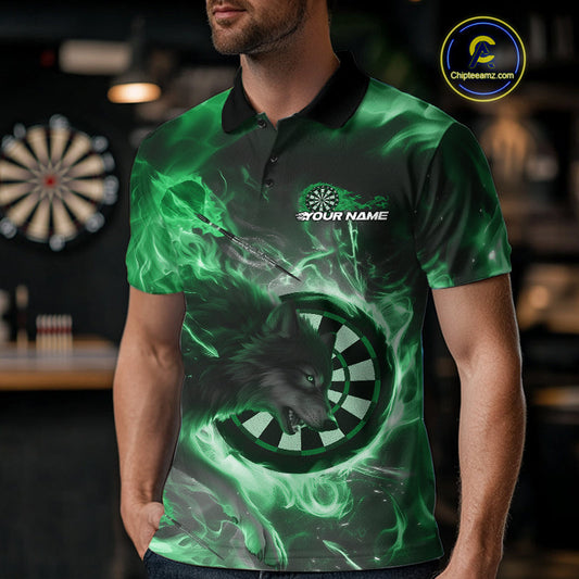 Custom Green Fire Flame Dart Wolf Men Polo Shirts, Dart League Shirt Team Jerseys IPHW10007