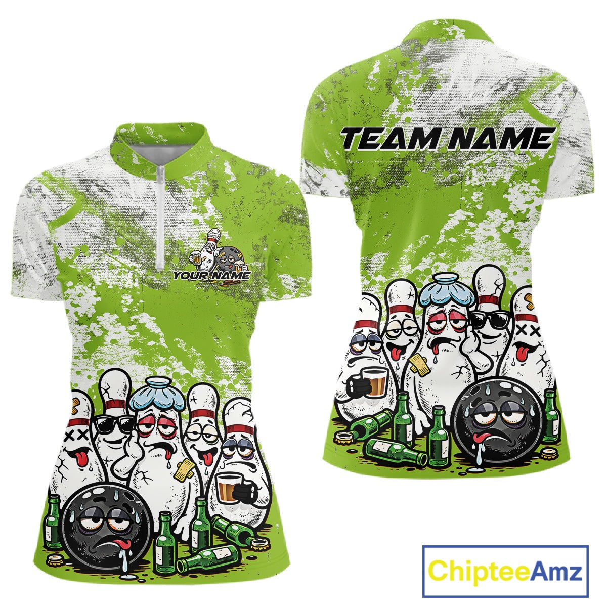 Front and back view of a womens bowling quarter-zip shirt mockup with green and white grunge splatter background and playful cartoon bowling pins with beer bottles.