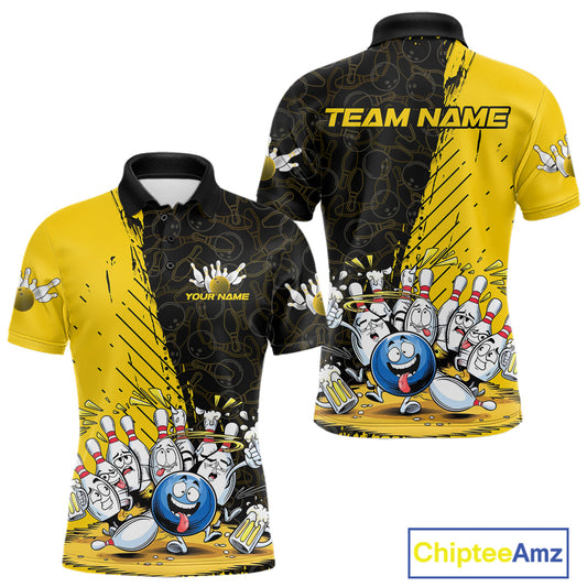 Custom Yellow Funny Bowling Men Polo Shirts, Bowling And Beer Party Bowlers Outfit IPHW9828