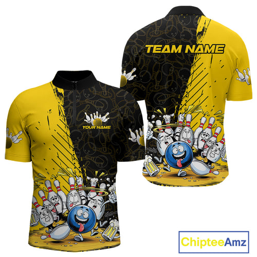 Custom Yellow Funny Bowling Men Quarter-Zip Shirts, Bowling And Beer Party Bowlers Outfit IPHW9828