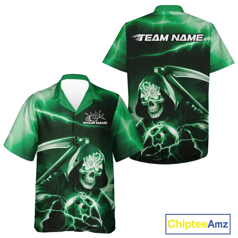 Custom Green Lightning Grim Reaper Bowling Hawaiian Shirts For Men And Women, Halloween Bowling Jerseys IPHW9844
