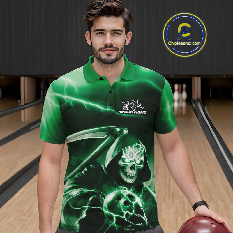 Custom Green Lightning Grim Reaper Bowling Polo Shirts For Men, Halloween Bowling Jerseys IPHW9844