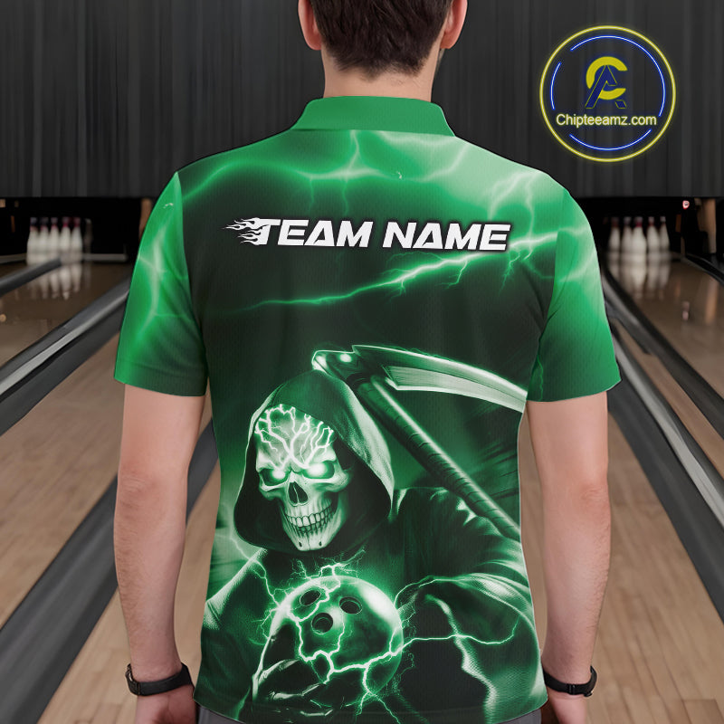Custom Green Lightning Grim Reaper Bowling Polo Shirts For Men, Halloween Bowling Jerseys IPHW9844