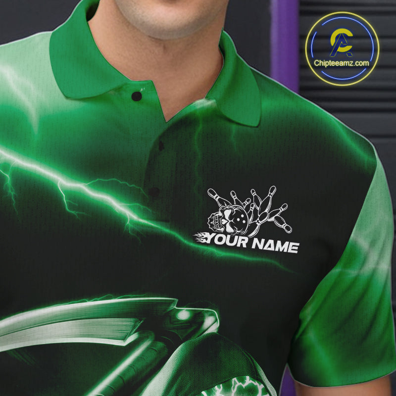 Custom Green Lightning Grim Reaper Bowling Polo Shirts For Men, Halloween Bowling Jerseys IPHW9844