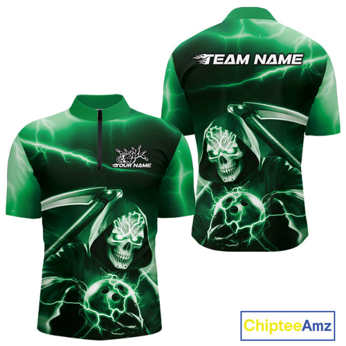 Custom Green Lightning Grim Reaper Bowling Quarter-Zip Shirts For Men, Halloween Bowling Jerseys IPHW9844