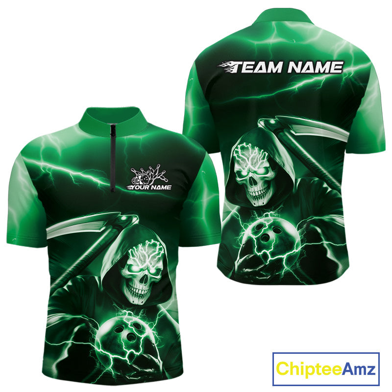 Custom Green Lightning Grim Reaper Bowling Quarter-Zip Shirts For Men, Halloween Bowling Jerseys IPHW9844