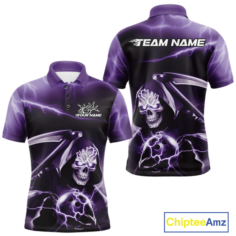 Custom Purple Lightning Grim Reaper Bowling Polo Shirts For Men, Halloween Bowling Jerseys IPHW9847