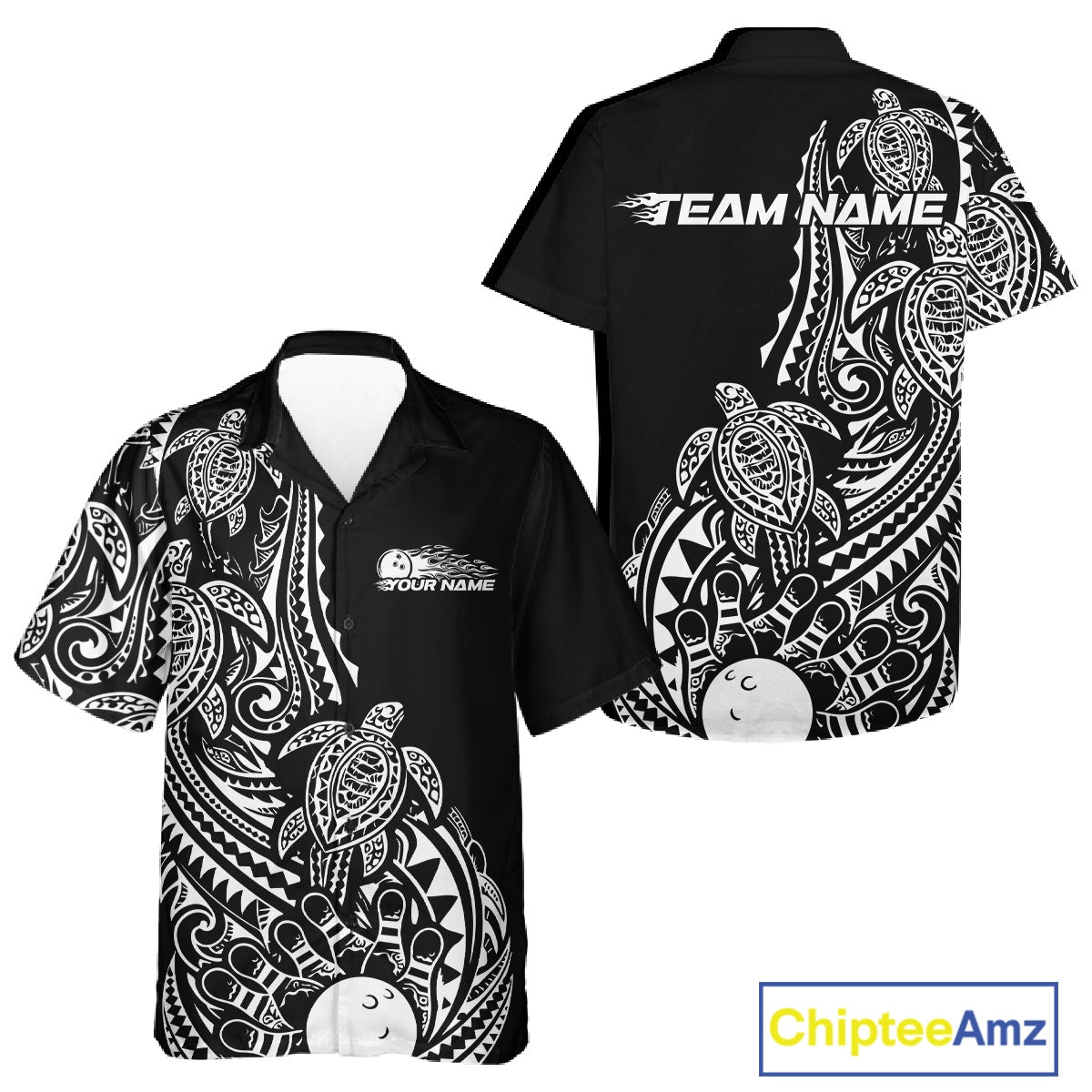 Front and back views of a black and white button-up bowling shirt featuring bowling pins and a ball surrounded by tribal swirl artwork.