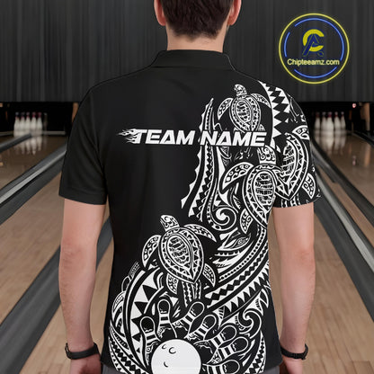 Back view of a male model in a black and white bowling polo shirt featuring turtle-themed bowling artwork and swirl accents.
