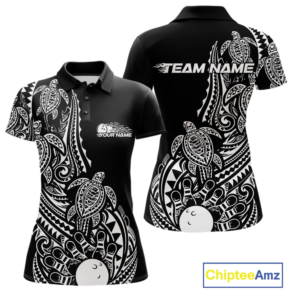 Front and back views of a black and white womens bowling polo shirt showcasing bowling pins, a bowling ball, and turtle Polynesian patterns.
