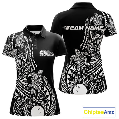 Front and back views of a black and white womens bowling polo shirt showcasing bowling pins, a bowling ball, and turtle Polynesian patterns.