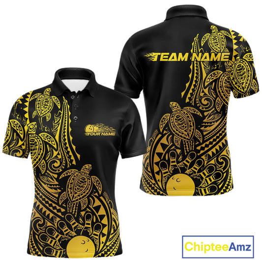 Front and back views of a black and gold mens bowling polo shirt featuring bowling ball and pin graphics surrounded by tribal patterns.