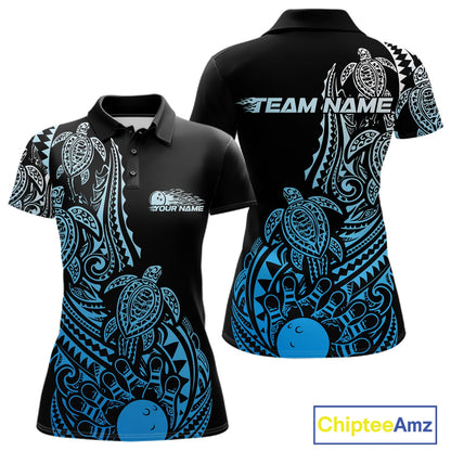 Front and back views of a black and blue womens bowling polo shirt featuring bowling artwork surrounded by Polynesian tribal patterns.