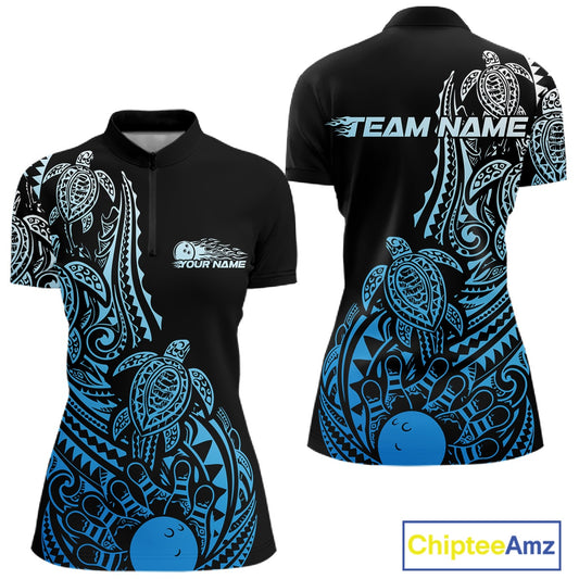 Front and back views of a black and blue womens bowling quarter-zip shirt showcasing bowling ball and pin graphics with Polynesian turtle patterns.