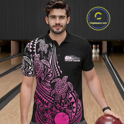 Male model wearing a black and pink bowling polo shirt at the bowling lane with tribal-inspired bowling artwork.