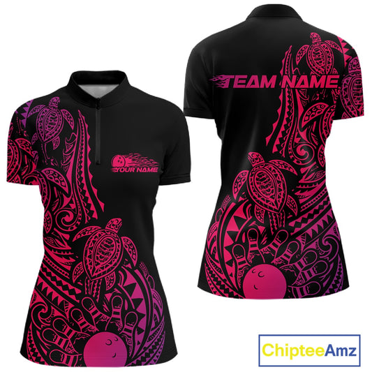 Front and back views of a black, pink, and purple womens bowling quarter-zip shirt featuring bowling ball and pins surrounded by tribal swirls and turtle Polynesian patterns.