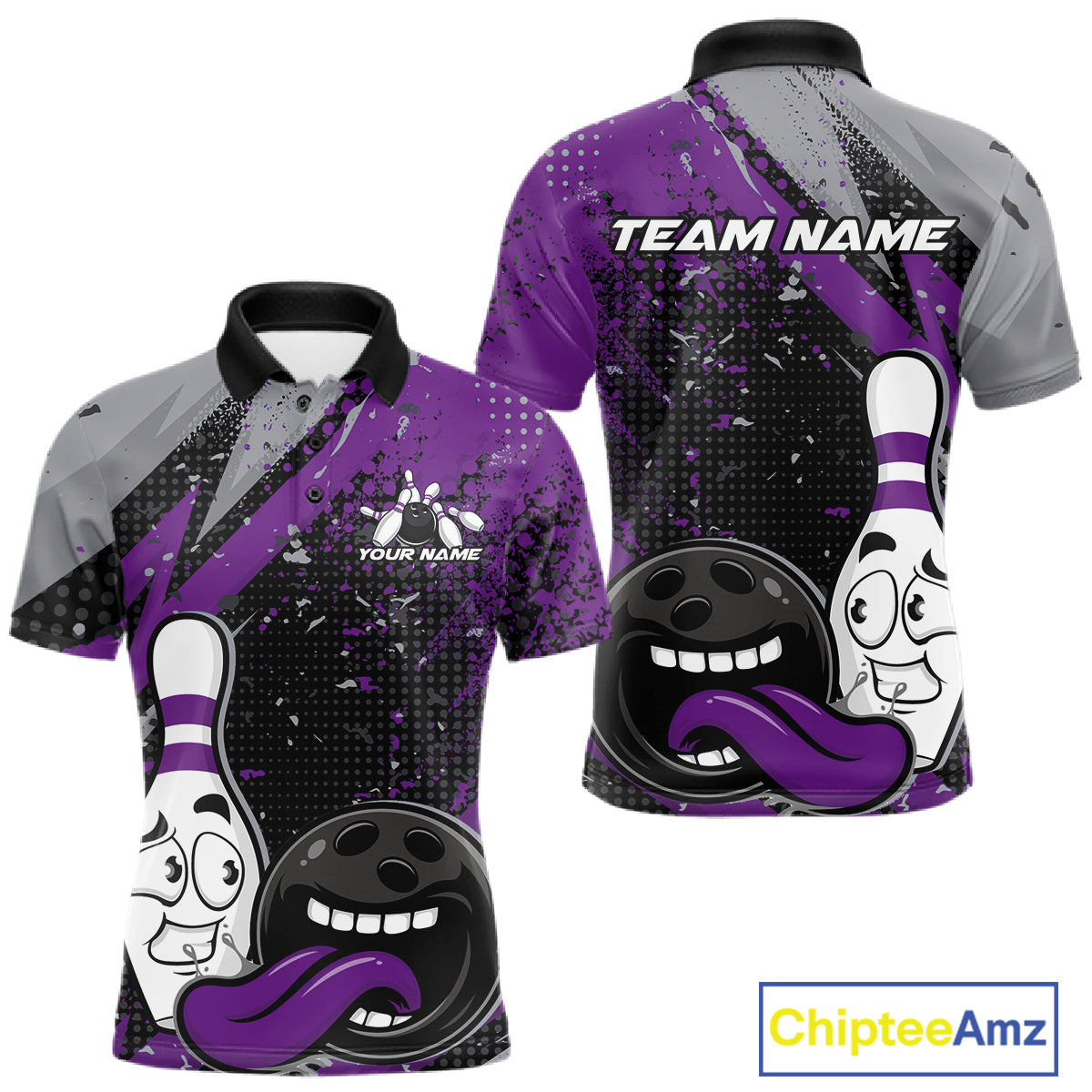 Custom Funny Bowling Polo Shirt For Men, Purple Bowling Ball And Pin Bowling Jersey IPHW10259