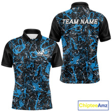 Load image into Gallery viewer, Front and back views of a black polo shirt with electric blue paint-splatter graphics, personalized with â€œYour Nameâ€ on the chest and â€œTeam Nameâ€ across the back.