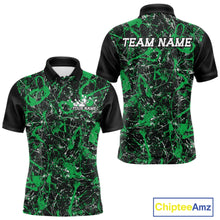 Load image into Gallery viewer, Front and back views of a black polo shirt with jade green paint-splatter graphics, personalized with â€œYour Nameâ€ on the chest and â€œTeam Nameâ€ across the back.
