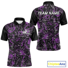 Load image into Gallery viewer, Front and back views of a black polo shirt with purple paint-splatter graphics, personalized with â€œYour Nameâ€ on the chest and â€œTeam Nameâ€ across the back.

