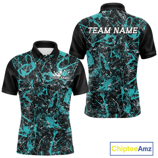Front and back views of a black polo shirt with teal paint-splatter graphics, personalized with â€œYour Nameâ€ on the chest and â€œTeam Nameâ€ across the back.