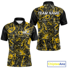 Load image into Gallery viewer, Front and back views of a black polo shirt with yellow paint-splatter graphics, personalized with â€œYour Nameâ€ on the chest and â€œTeam Nameâ€ across the back.
