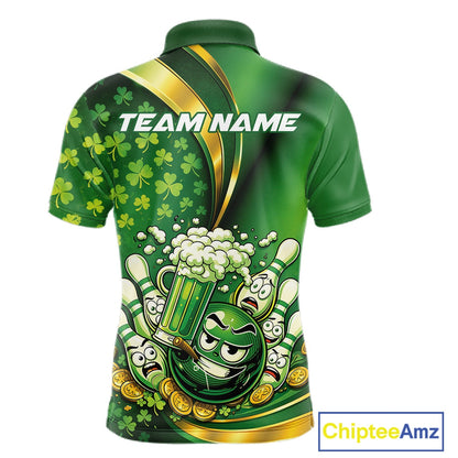 Custom Funny St Patricks Party Beer Bowling Team Shirts, Green Shamrock And Gold Coin Bowling Jerseys IPHW10523