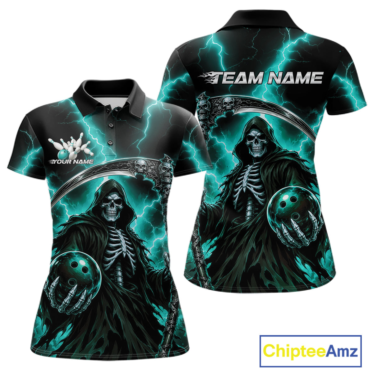 Customizable short-sleeve polo shirt shown from the front and back, featuring a Grim Reaper graphic with a skull, dark hooded figure, bowling balls, and bright teal lightning on a black background. The front shows a collar and button placket, and the back has a large 'TEAM NAME' print area.