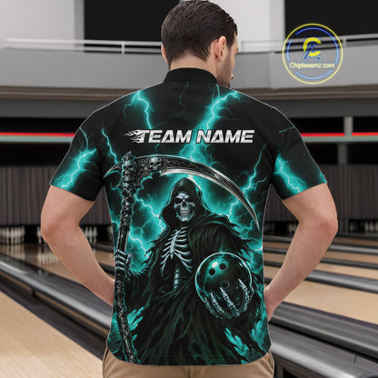 A man viewed from behind wearing a black short-sleeve bowling shirt with a large grim reaper graphic, teal lightning effects, and the text 'TEAM NAME' across the upper back.