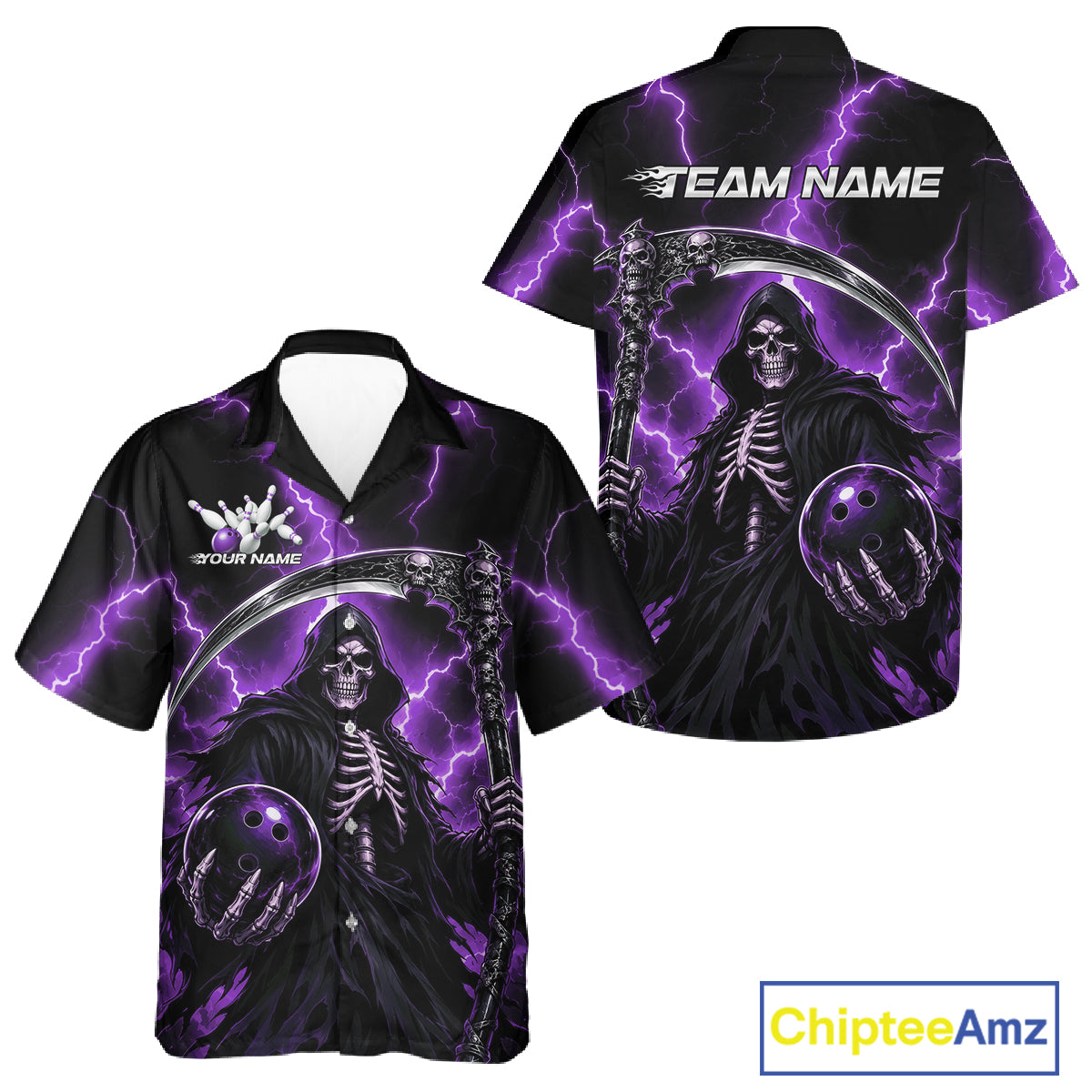 Custom short-sleeve button-up shirt shown from front and back, featuring a black background with a grim reaper graphic, purple lightning effects, and white placeholder text reading TEAM NAME and YOUR NAME.