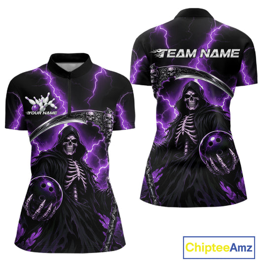 A short-sleeve quarter-zip shirt shown from the front and back, featuring a black and purple graphic design with a hooded skeleton, lightning bolts, bowling pins, and customizable text placeholders. 