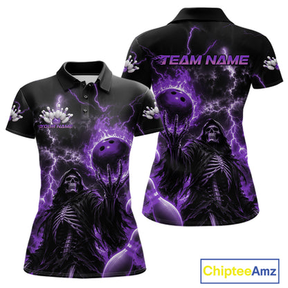 A womens short-sleeve polo shirt shown from the front and back, featuring a dark graphic design with purple lightning, a skeletal figure, bowling balls, and the text 'TEAM NAME' and 'YOUR NAME'.