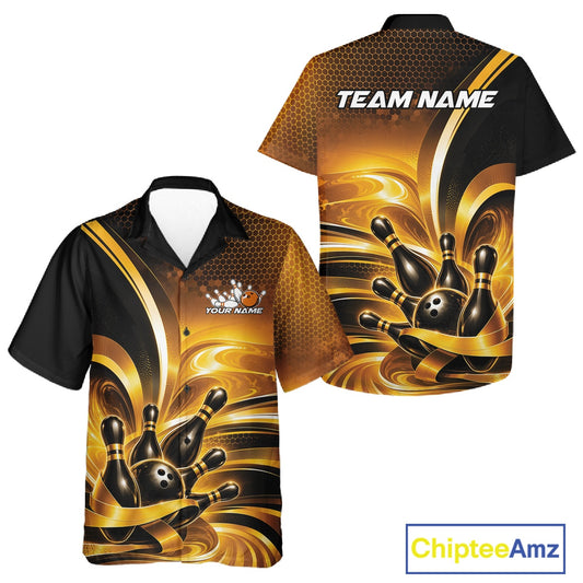 Front and back views of a button-up bowling shirt mockup featuring glossy gold and black bowling ball and pins artwork.