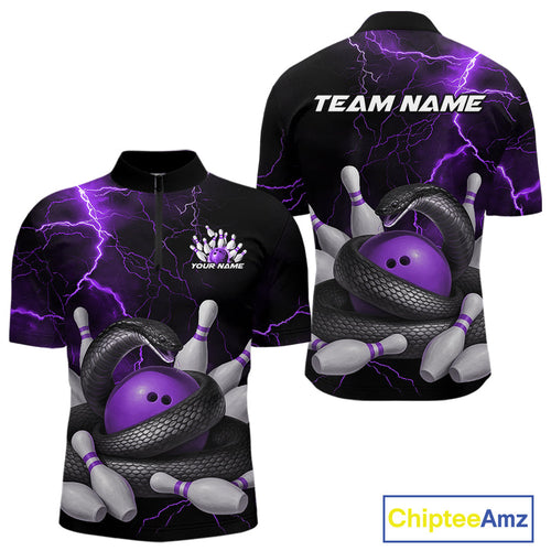 Custom Black And Purple Thunder Lightning Black Mamba Snake Bowling Team Men Quarter-Zip Shirt IPHW10153