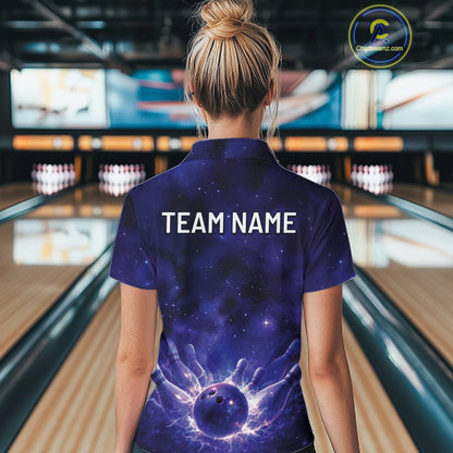Custom Purple And Blue Galaxy Bowling Team Shirts For Women, Sparkling Sky Bowling Jerseys IPHW10529