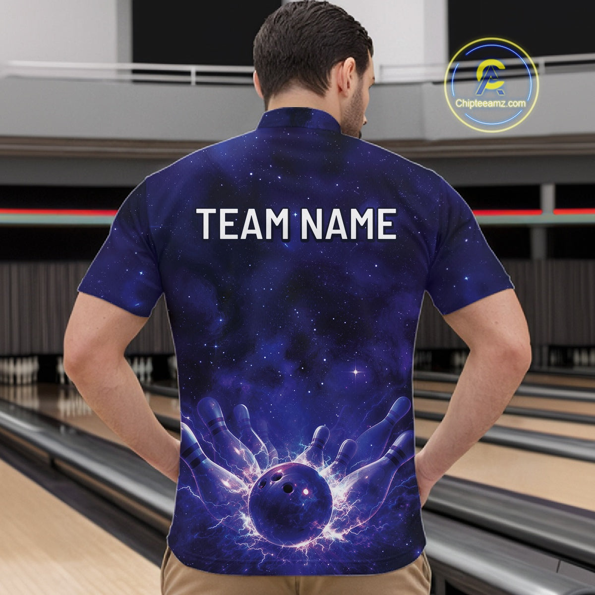 Custom Purple And Blue Galaxy Bowling Team Shirts For Men, Sparkling Sky Bowling Jerseys IPHW10529
