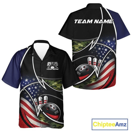 Custom Patriotic US Flag Bowling Team Shirts, Freedom Military Camo Men And Women Bowling Jerseys IPHW10531