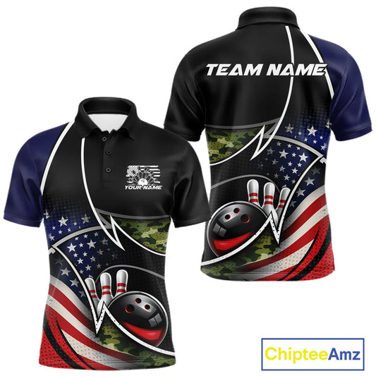 Custom Patriotic US Flag Bowling Team Shirts, Freedom Military Camo Men Bowling Jerseys IPHW10531