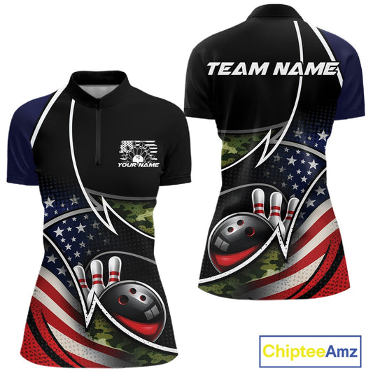 Custom Patriotic US Flag Bowling Team Shirts, Freedom Military Camo Women Bowling Jersey IPHW10531