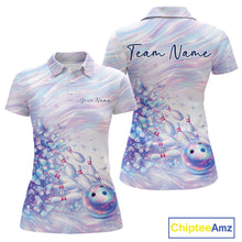 Load image into Gallery viewer, Front and back mockup of a womens bowling polo showcasing pastel purple and pink holographic butterflies with eye-catching bowling graphics