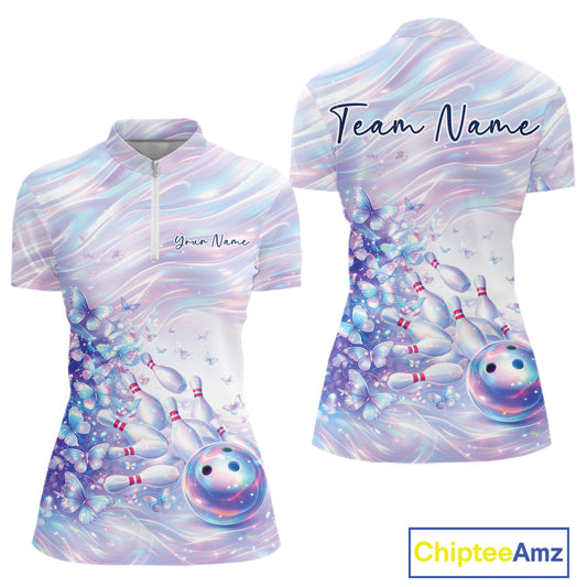 Front and back mockup of a womens bowling quarter zip decorated with pastel purple and pink holographic butterflies and bowling artwork