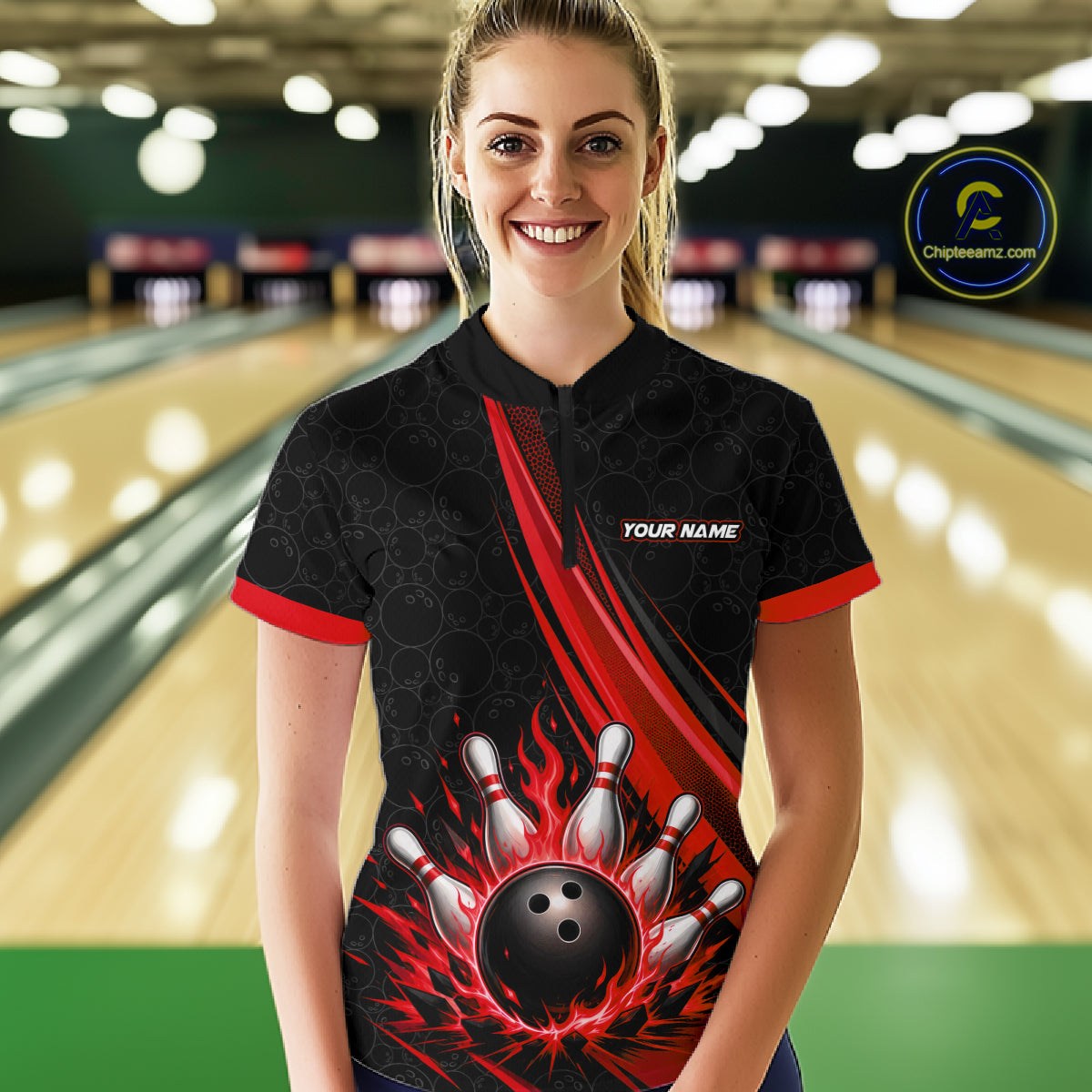 Custom Black And Red Fire Flame Bowling Team Women Quarter-Zip Shirt, Team Jerseys IPHW11682
