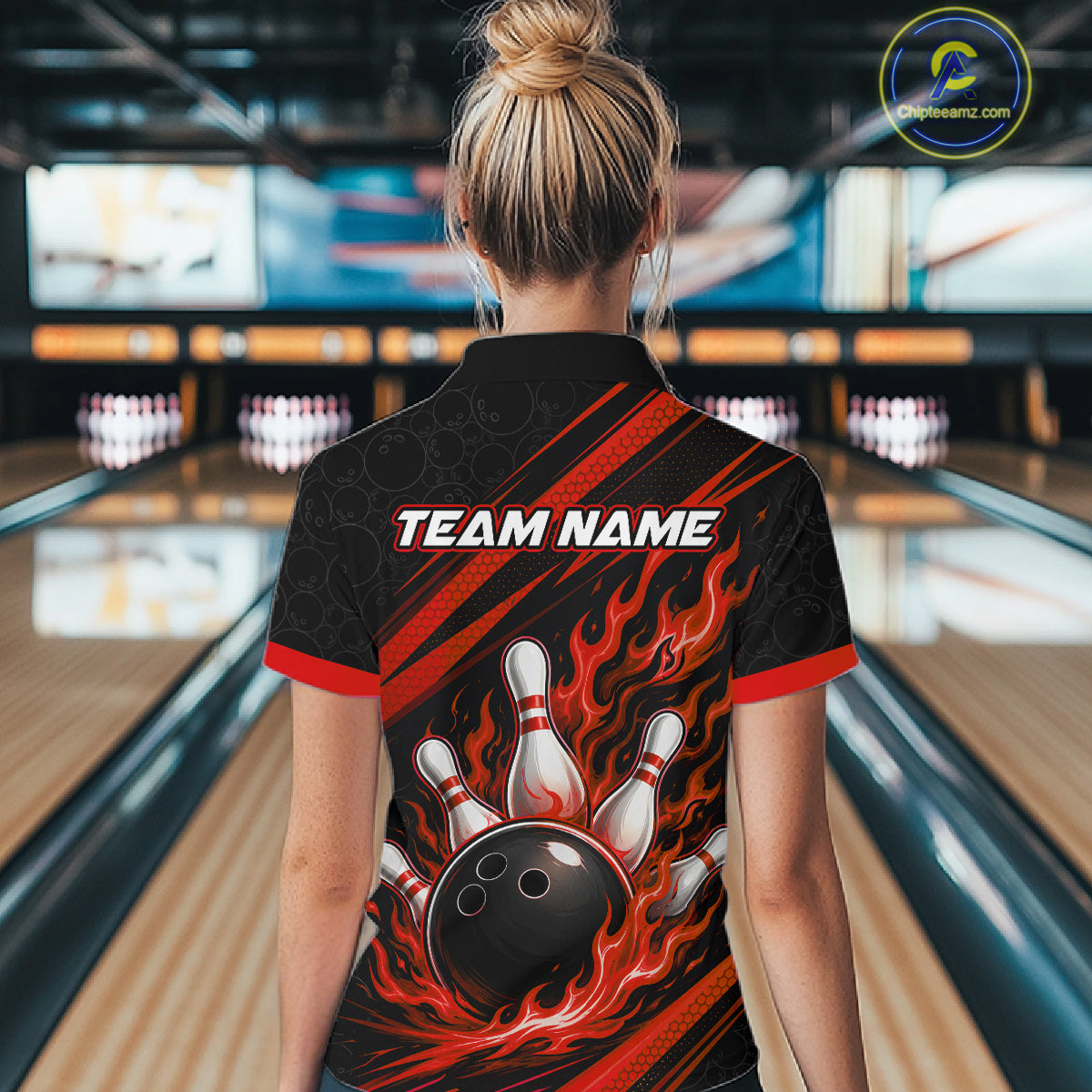 Custom Black And Red Fire Flame Bowling Team Women Quarter-Zip Shirt, Team Jerseys IPHW11682