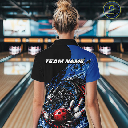 Custom Blue And Red Dragon Bowling Women Quarter-Zip Shirt, Dragon Bowling League Shirts IPHW10368