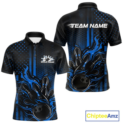 Front and back view of a black and blue men’s bowling polo shirt mockup featuring flaming bowling ball striking pins with patriotic American flag style graphics.