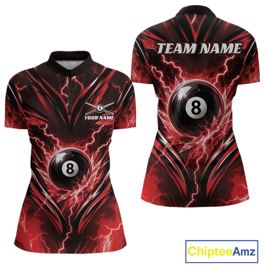 Custom Red Icy Thunder Lightning 8 Ball Billiards Women Quarter-Zip Shirt, Pool Shirt IPHW11761