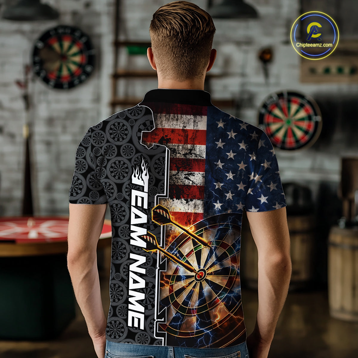 Custom Grunge US Flag Lightning Dartboard Patriotic Dart Team Men Polo Shirt Dart Jerseys IPHW10387