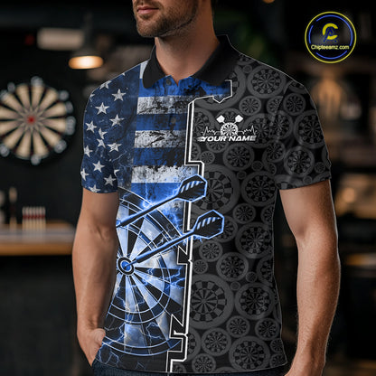 Custom Blue Lightning US Flag Dartboard Patriotic Dart Team Men Polo Shirt Dart Jerseys IPHW10388