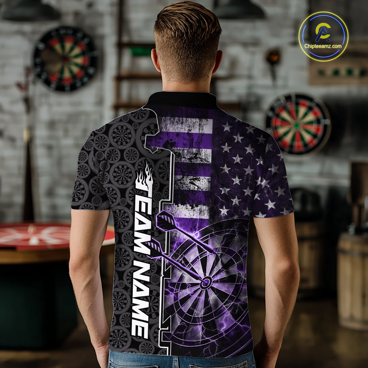 Custom Purple Lightning US Flag Dartboard Patriotic Dart Team Men Polo Shirt Dart Jerseys IPHW10390